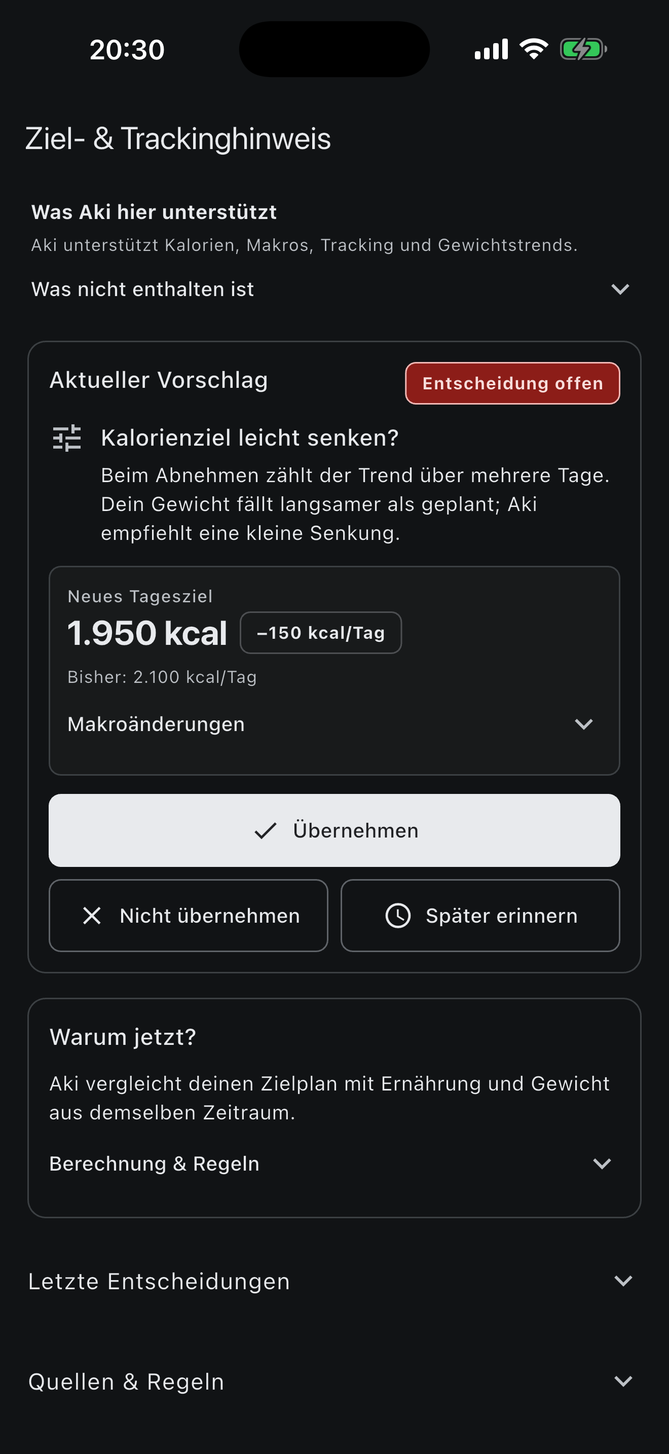 Aki: Adaptive Ziele, dunkles Design mit Demonstrationsdaten