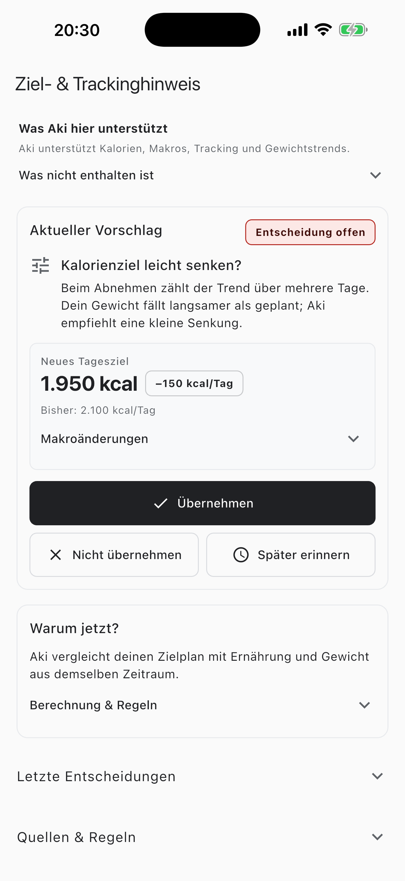 Aki Coach-Empfehlung mit begründetem Vorschlag zur Senkung des Kalorienziels