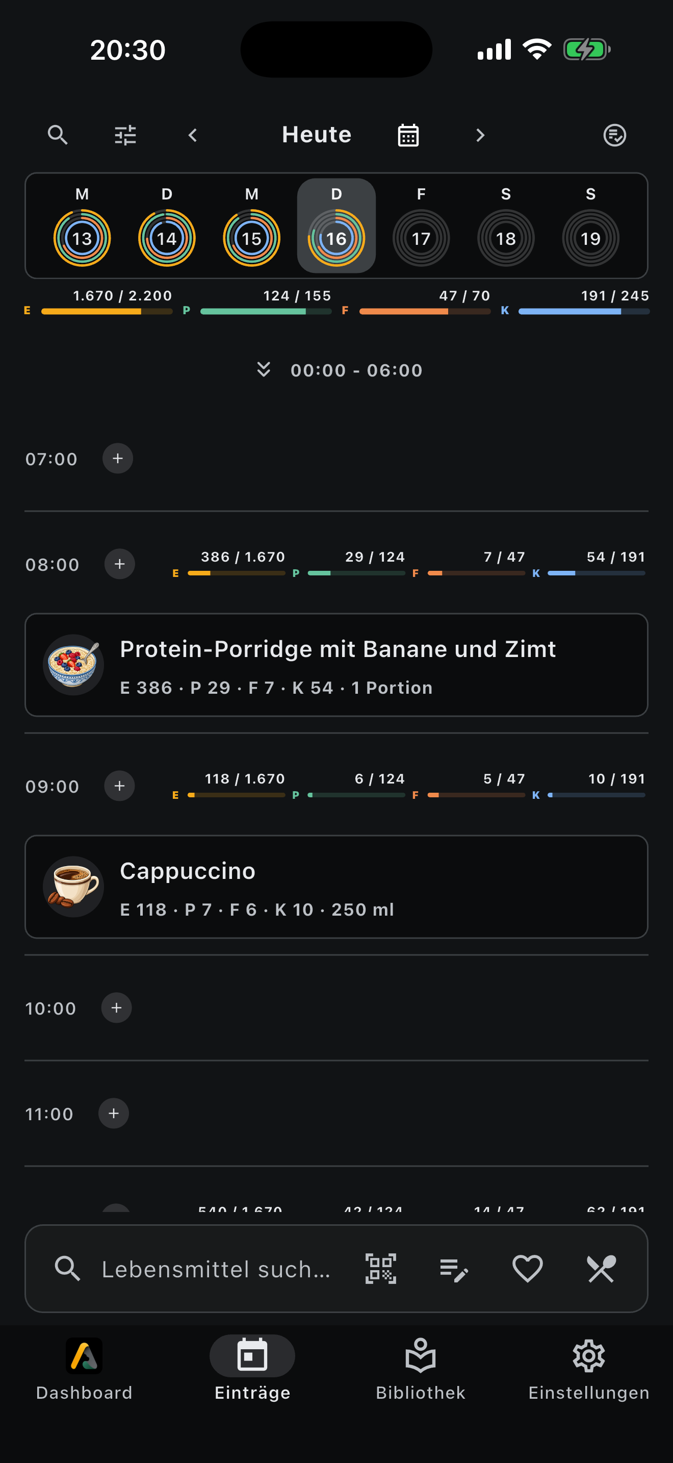 Aki: Ernährungstagebuch, dunkles Design mit Demonstrationsdaten