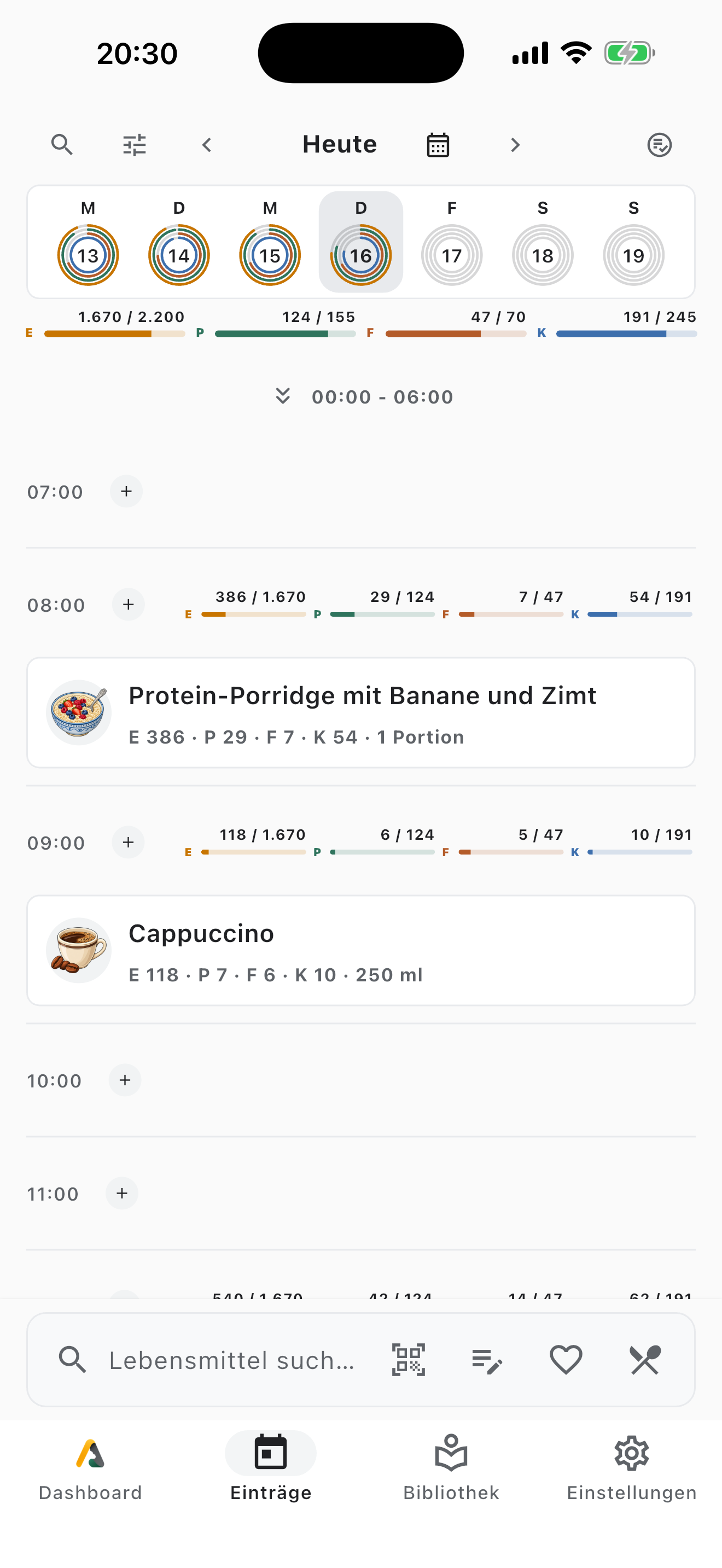 Aki-Tagebuch mit Kalender, Tagesverlauf und erfassten Mahlzeiten