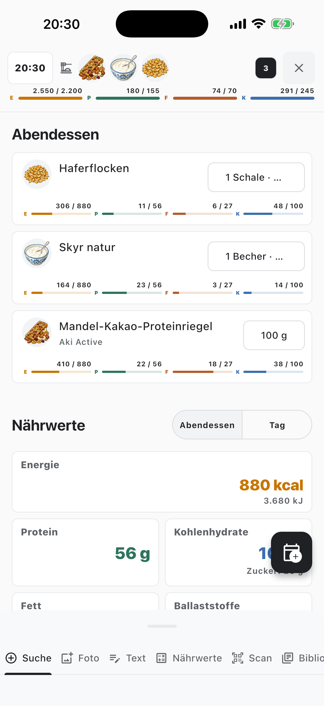 Aki-Übersicht mit Lebensmitteln, Mengen und Nährwerten vor dem Speichern