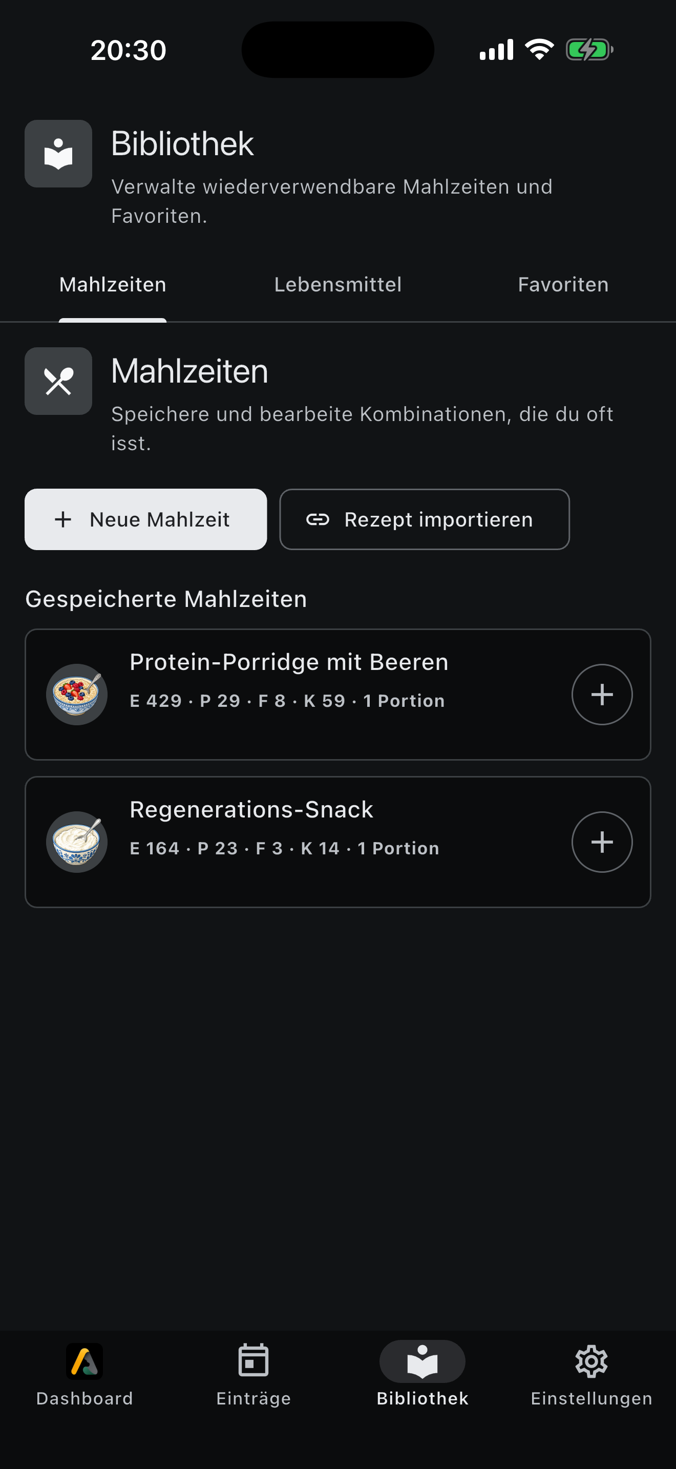Aki: Mahlzeiten wiederverwenden, dunkles Design mit Demonstrationsdaten
