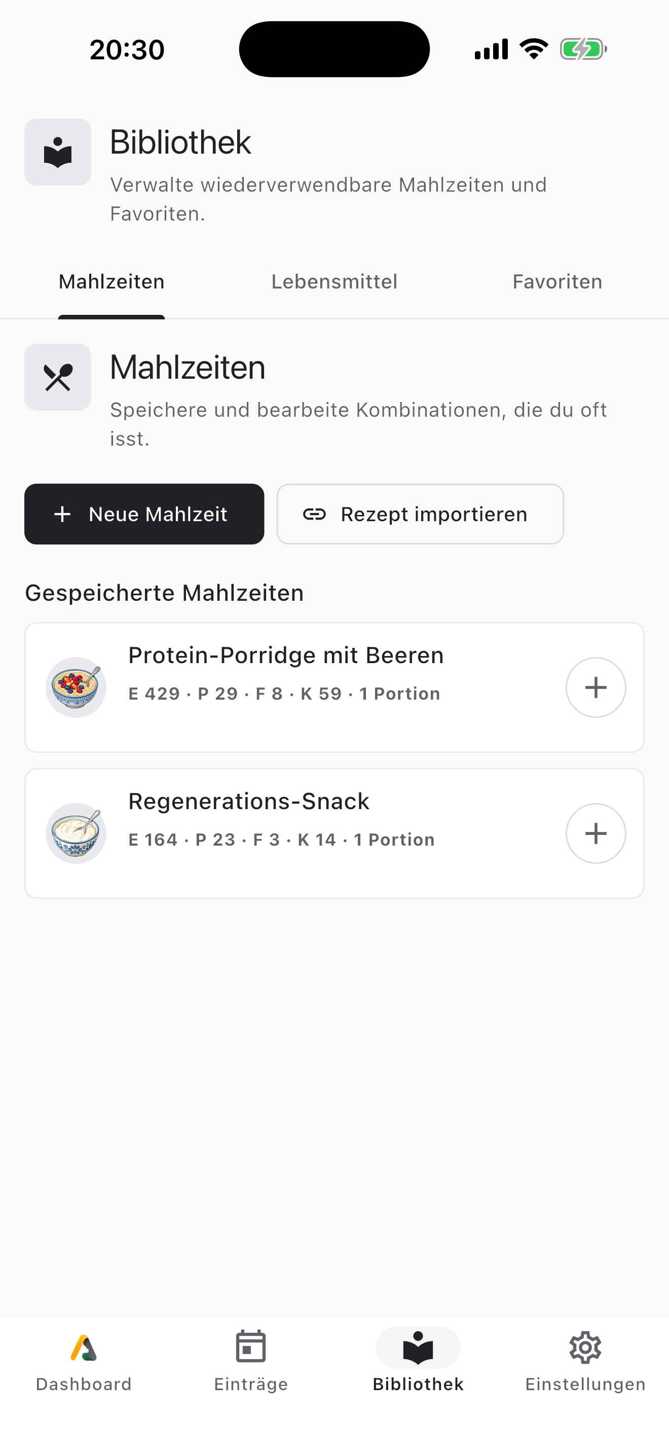 Aki-Bibliothek mit gespeicherten Mahlzeiten, Lebensmitteln und Favoriten