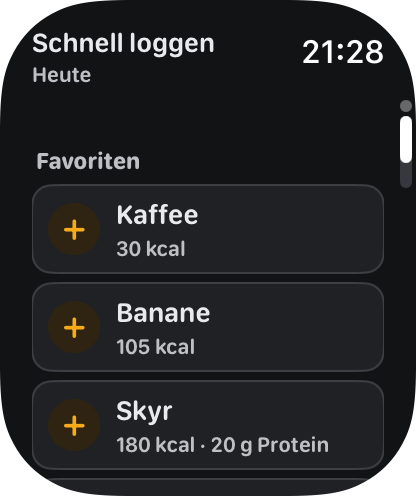 Aki auf der Apple Watch mit Favoriten und zuletzt verwendeten Lebensmitteln