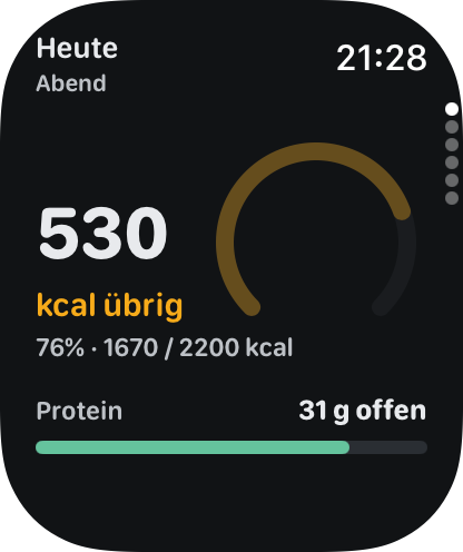 Aki auf der Apple Watch mit Tagesfortschritt für Energie und Protein